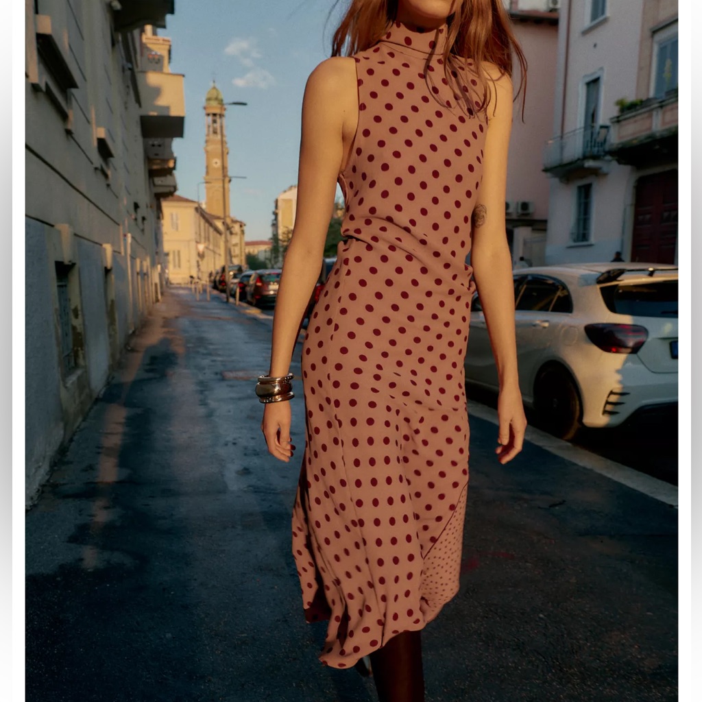 Nwt Zara Tied Polka Dot Midi Dress With Bow Toffee Sleeveless Women’s S Retro